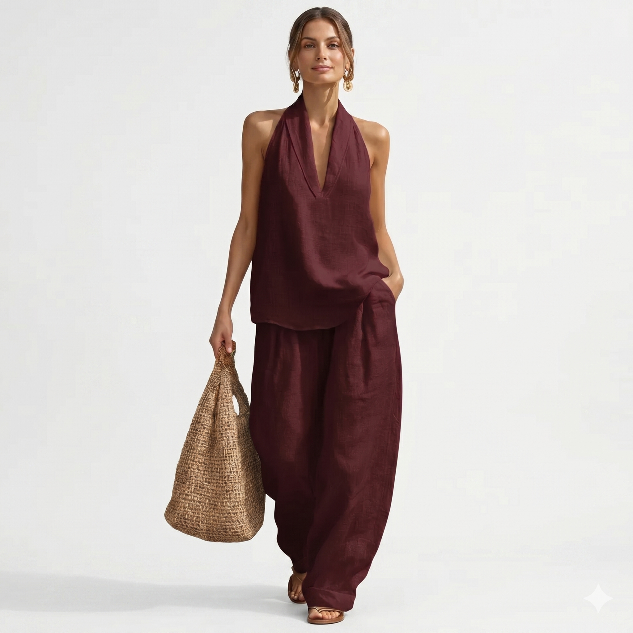 Λήδα – Αέρινο Σετ Δύο Τεμαχίων με Halter Top και Φαρδιά Παντελόνα