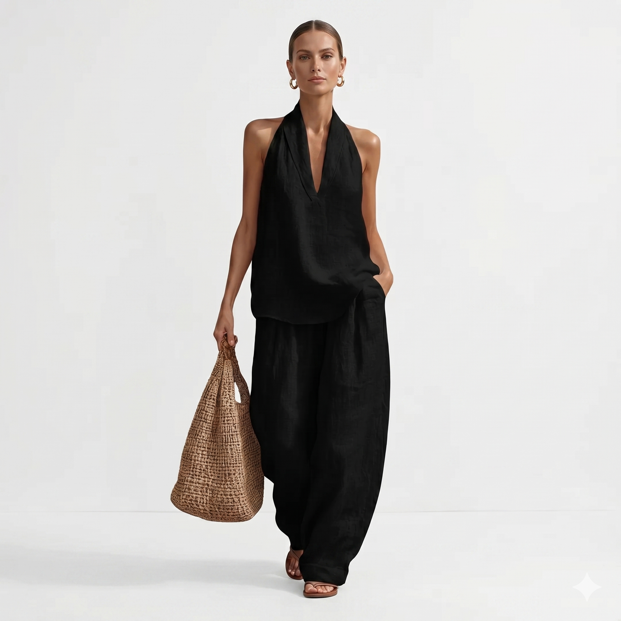 Λήδα – Αέρινο Σετ Δύο Τεμαχίων με Halter Top και Φαρδιά Παντελόνα