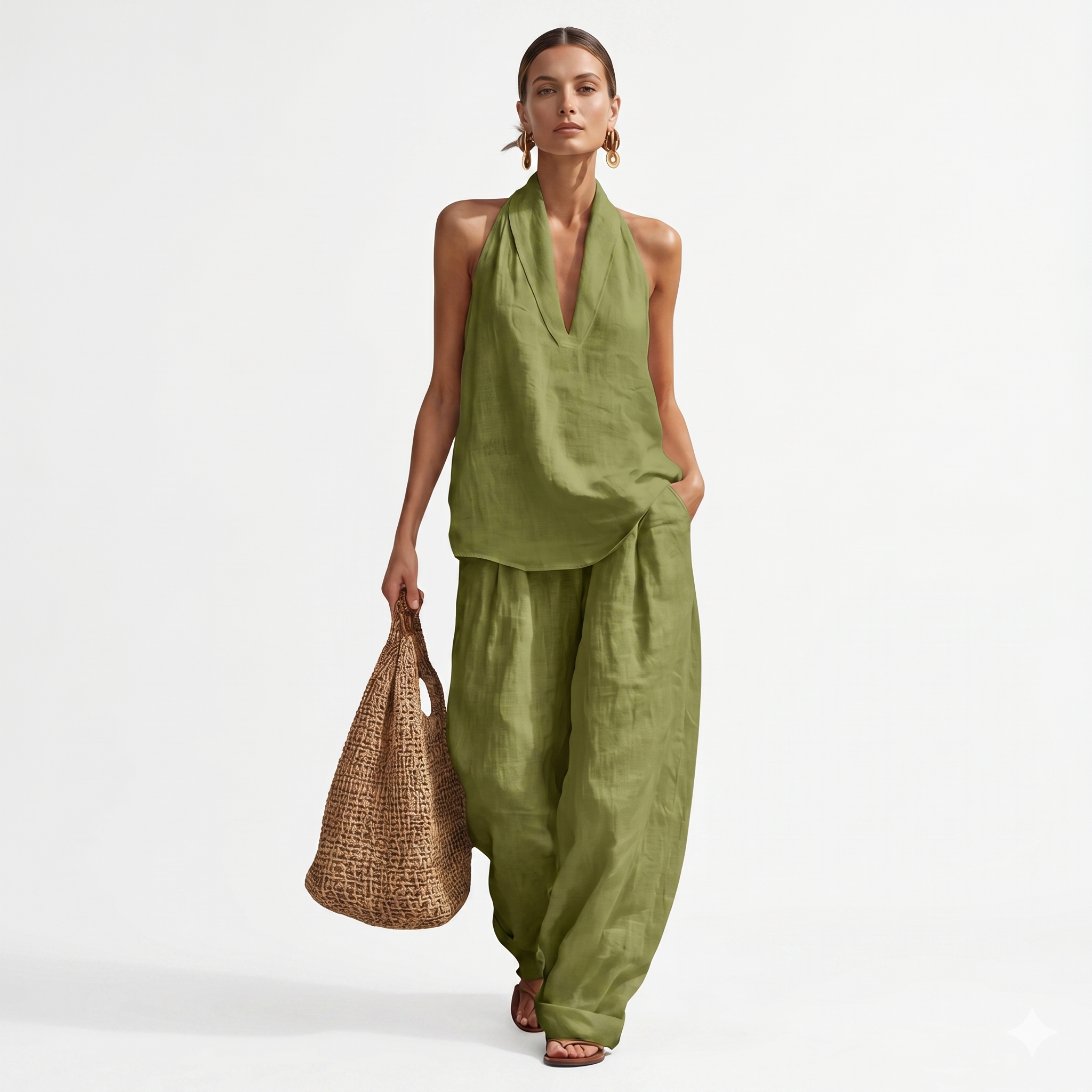 Λήδα – Αέρινο Σετ Δύο Τεμαχίων με Halter Top και Φαρδιά Παντελόνα