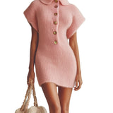 Sofie | Vintage Pink Εφαρμοστό Μίνι Πλεκτό Φόρεμα με Χνουδωτή Υφή, Γιακά, Κουμπιά και Κοντό Μανίκι (Vintage Pink Turn-Down Collar Button-Front Short-Sleeve Fitted Fuzzy Knit Mini Dress)