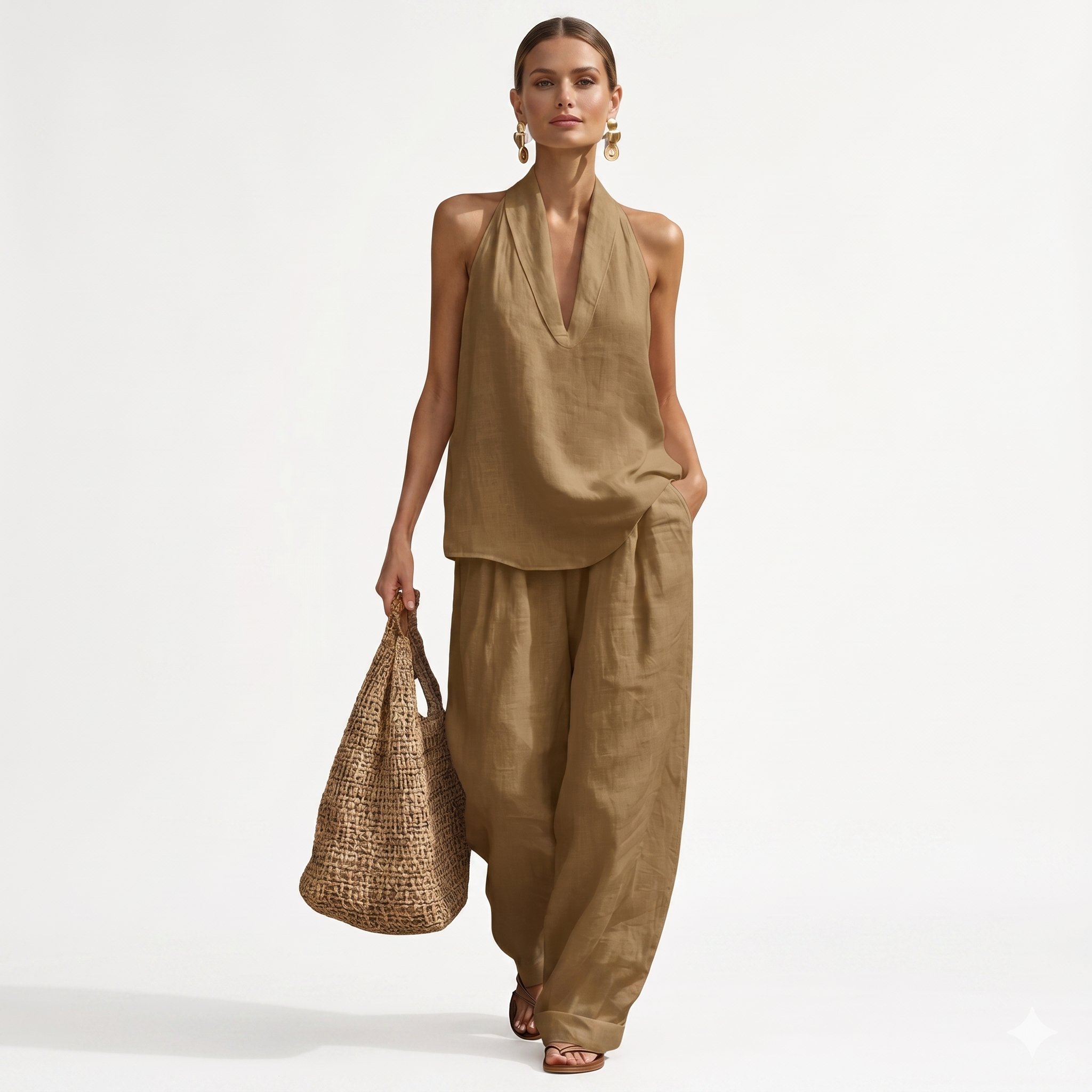 Λήδα – Αέρινο Σετ Δύο Τεμαχίων με Halter Top και Φαρδιά Παντελόνα