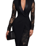 Camila - Εκλεπτυσμένο Μαύρο Midi Φόρεμα σε Στυλ Blazer με Δαντέλα (Sophisticated Black Blazer-Style Lace Midi Dress)