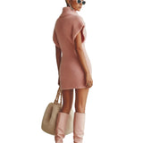 Sofie | Vintage Pink Εφαρμοστό Μίνι Πλεκτό Φόρεμα με Χνουδωτή Υφή, Γιακά, Κουμπιά και Κοντό Μανίκι (Vintage Pink Turn-Down Collar Button-Front Short-Sleeve Fitted Fuzzy Knit Mini Dress)