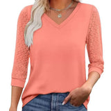 Lace-Sleeve Casual V-Neck Blouse