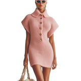 Sofie | Vintage Pink Εφαρμοστό Μίνι Πλεκτό Φόρεμα με Χνουδωτή Υφή, Γιακά, Κουμπιά και Κοντό Μανίκι (Vintage Pink Turn-Down Collar Button-Front Short-Sleeve Fitted Fuzzy Knit Mini Dress)
