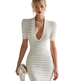 Mary | Κομψό Μίνι Bodycon Φόρεμα σε Μπεζ και Μαύρο Ριγέ με Βαθύ V, Κοντό Μανίκι, Εφαρμοστή Γραμμή και Πλέξη Waffle (Elegant Beige Black Stripe Deep V-Neck Short Sleeve Slim-Fit Waffle Knit Bodycon Mini Dress)