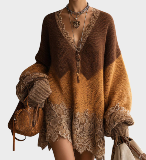 Mille | Καφέ Ombre Πλεκτό Δαντελένιο Oversized Φόρεμα Μίνι Με Μακριά Μανίκια