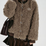 Leyla | Ιταλικό Καφέ Oversized Παλτό Patchwork από Τεχνητό Δέρμα και Teddу - Χειμερινό