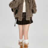 Leyla | Ιταλικό Καφέ Oversized Παλτό Patchwork από Τεχνητό Δέρμα και Teddу - Χειμερινό