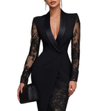 Camila - Εκλεπτυσμένο Μαύρο Midi Φόρεμα σε Στυλ Blazer με Δαντέλα (Sophisticated Black Blazer-Style Lace Midi Dress)