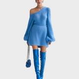Lucy | ElevenOra Chic Elegant Μπλε Μίνι Φόρεμα Με Έναν Ώμο Μακρύ Φουσκωτό Μανίκι A-Line